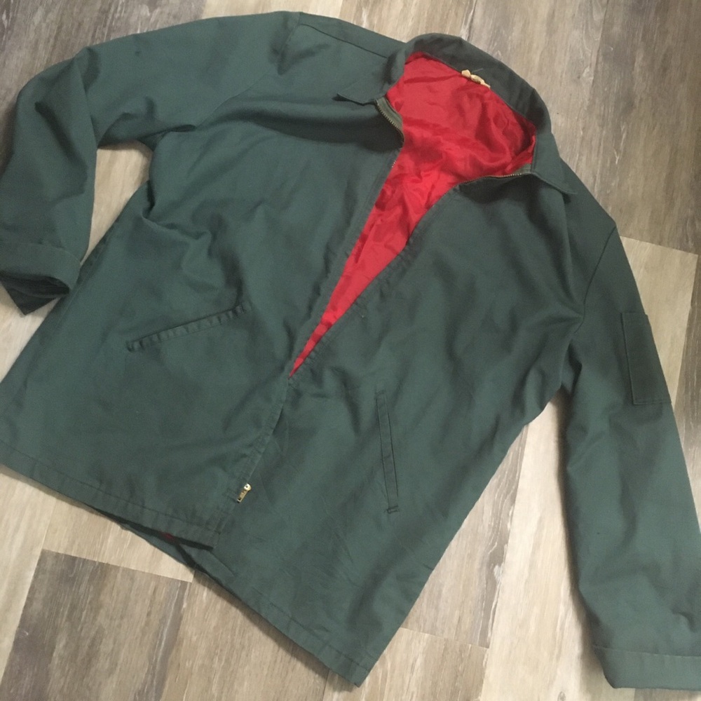 COPY - VTG 80’s RedKap Detroit style green mechanics jacket w/ red lining szL